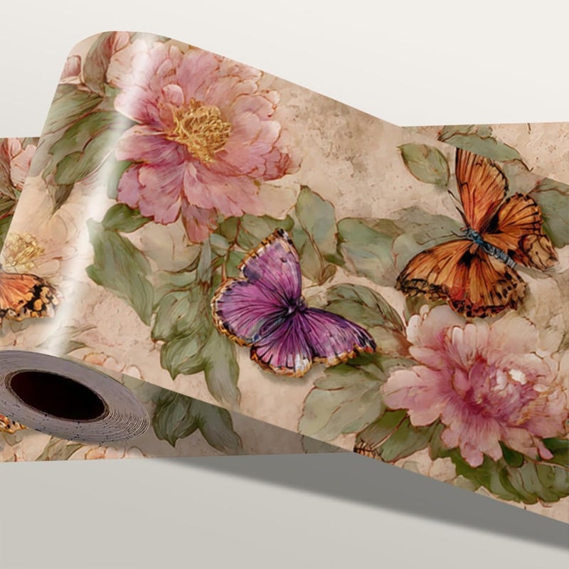IOHEFY Floral Wallpaper Border 196x4 Inch Vintage Rose Peel and Stick Wall Border Removable Flower Wall Trim for Kitchen Bathroom Bedroom Living Room Rustic Farmhouse Decor - Image 1